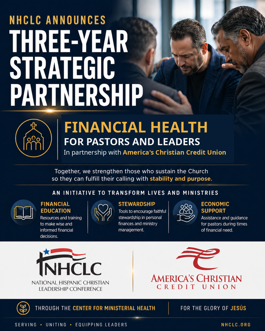 Three-year strategic partnership poster for NHCLC and financial health initiative with leaders praying hands together scene and logos at bottom (in partnership with America's Christian Credit Union).