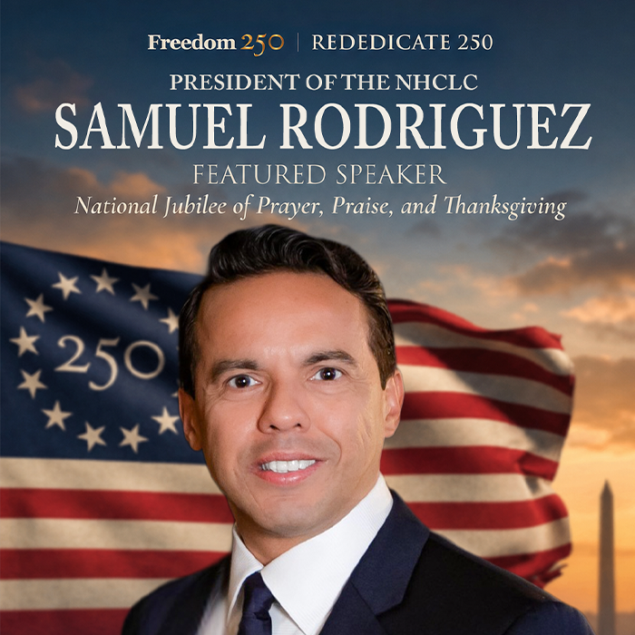 Promotional poster of Samuel Rodriguez as featured speaker at a Freedom 250 event, with an American flag backdrop.