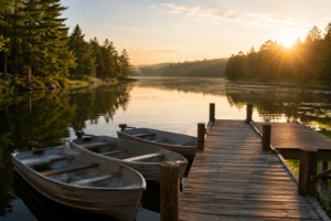 Wooden dock extends into calm lake at sunset with three rowboats tied alongside the edge, surrounded by pine trees.