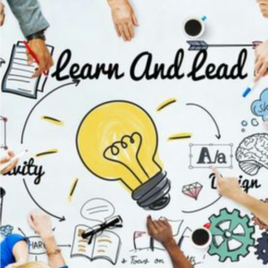 Collaborative whiteboard scene with a large yellow light bulb and the words 'Learn And Lead' as hands reach in to contribute ideas