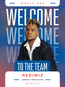Welcoming poster for Redimi2, rapper and producer, featuring his portrait against a blue dotted background.