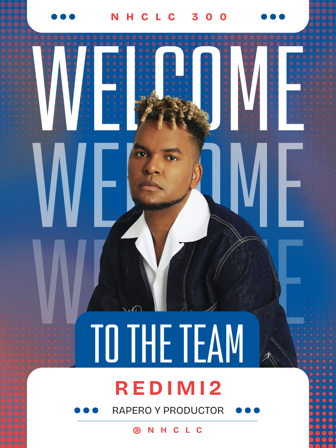 Welcoming poster for Redimi2, rapper and producer, featuring his portrait against a blue dotted background.