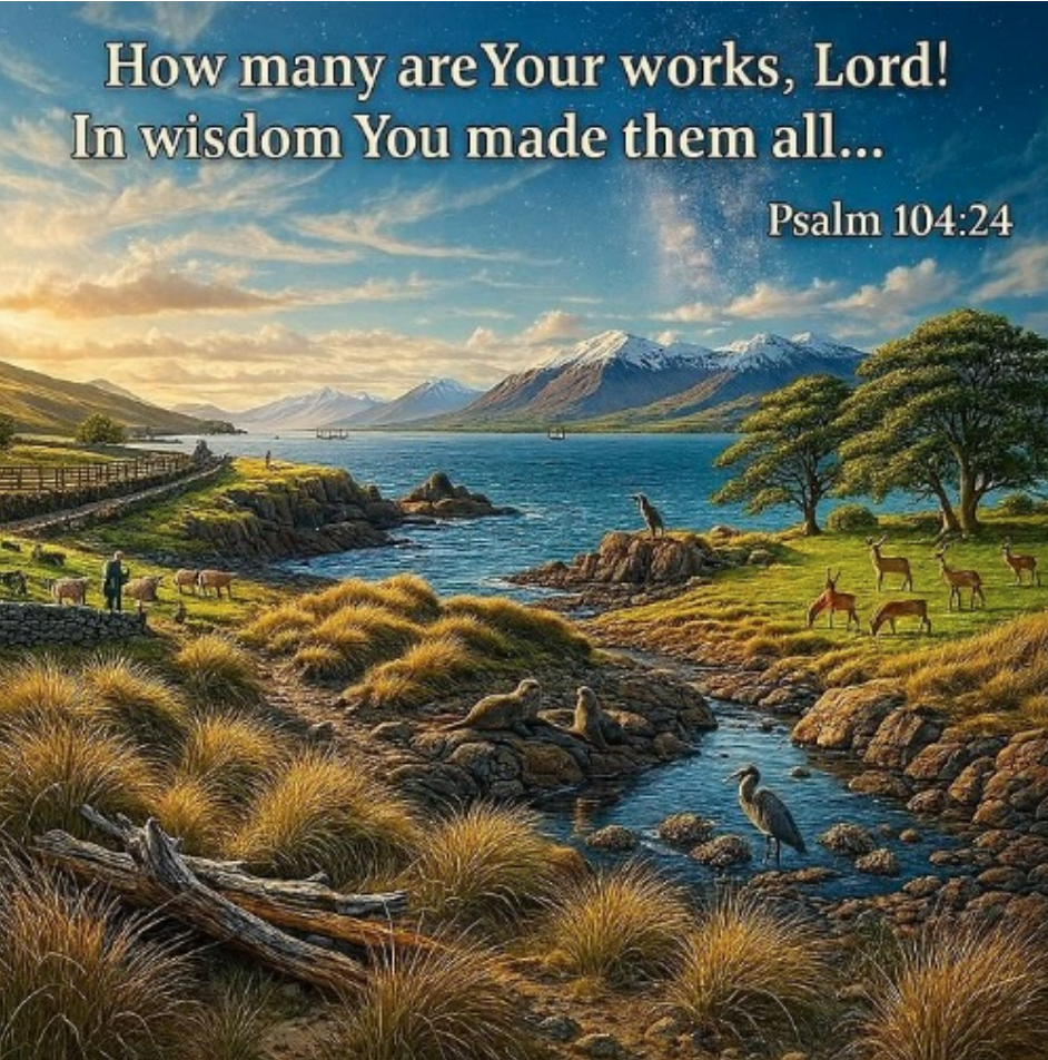 Scenic lakeside landscape with mountains, blue sky, tall grasses, and deer grazing along the shore; Psalm 104:24 text overlayed at top.