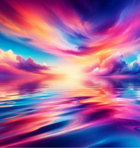 Vivid sunset over calm ocean, with orange, pink, and purple skies and their reflection on the water's surface.