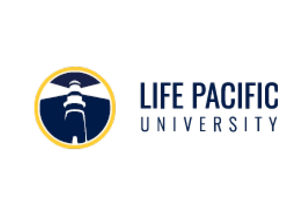 Life Pacific University logo: navy circle with a lighthouse and beam, yellow border, followed by the text 'LIFE PACIFIC UNIVERSITY'.