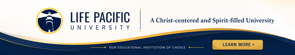 Life Pacific University banner with logo, motto 'A Christ-centered and Spirit-filled University' and a gold 'Learn More' button.