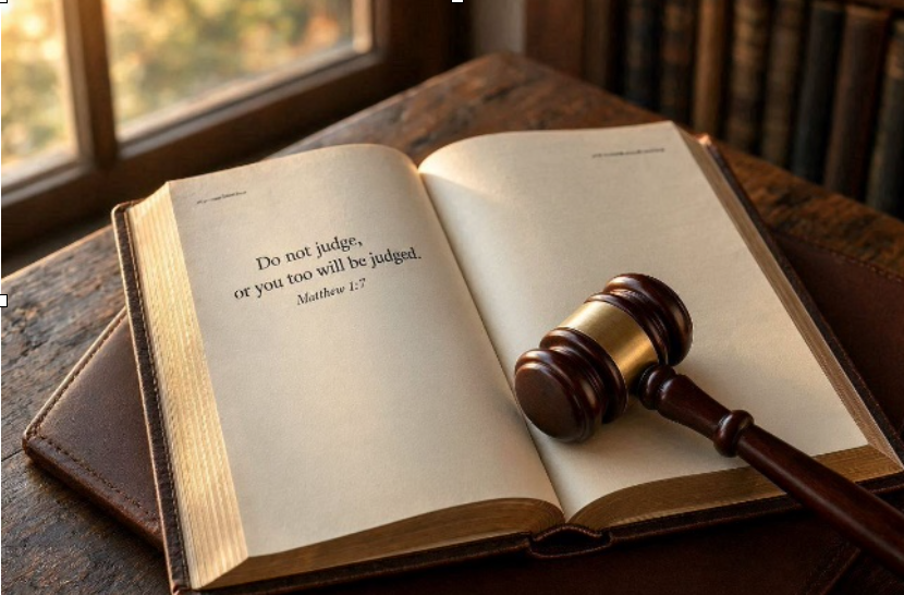 Open Bible on a wooden desk with a gavel resting across the pages, displaying Matthew 7:1: 'Do not judge, or you too will be judged.'