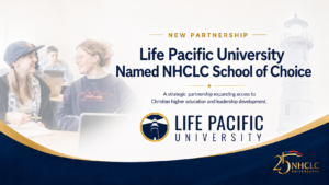 Promotional banner announcing a new partnership between Life Pacific University and NHCLC, with logos and a lighthouse image.