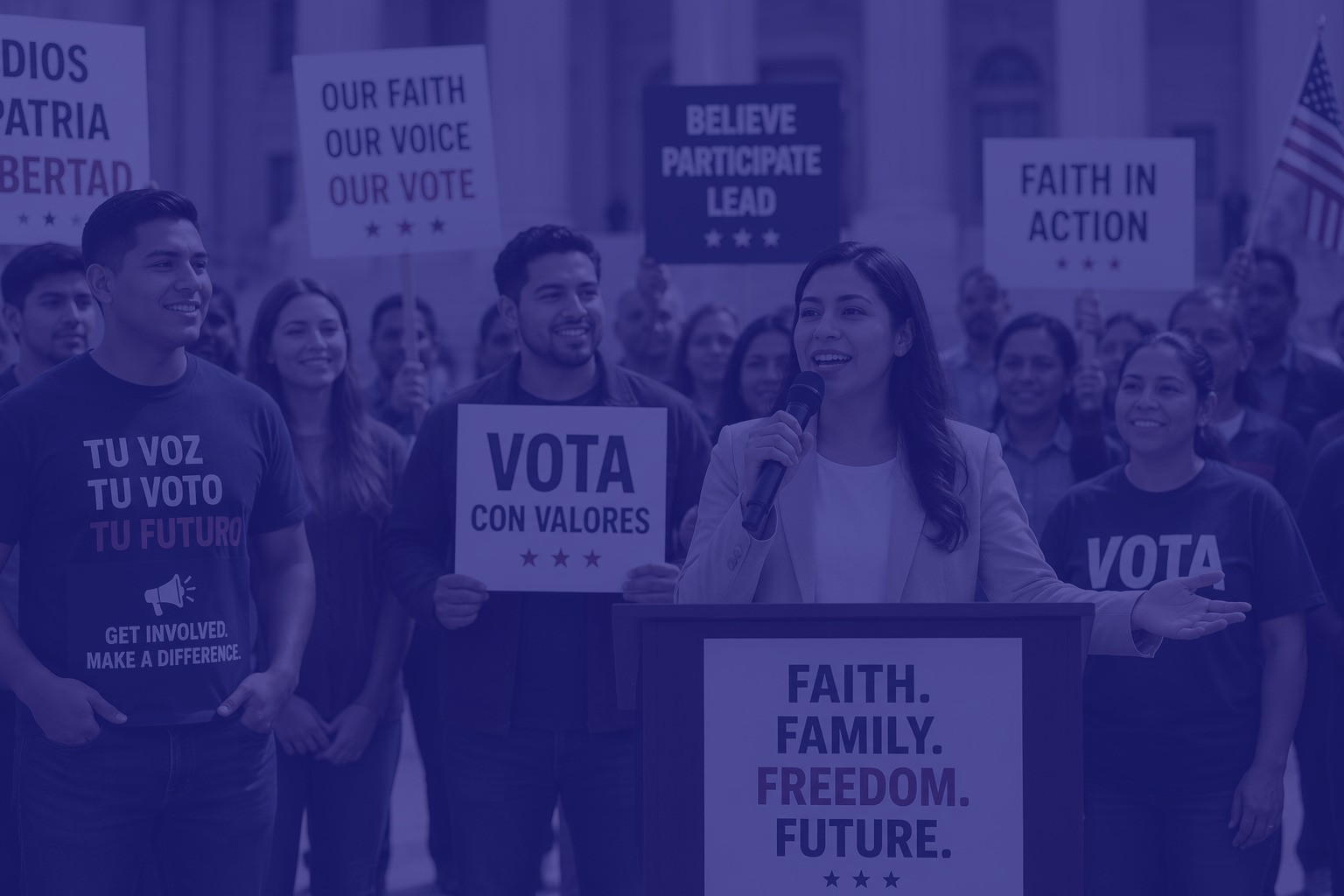 Woman at a podium delivering a speech at a campaign rally as supporters hold signs reading 'VOTA CON VALORES' and 'FAITH. FAMILY. FREEDOM. FUTURE.'