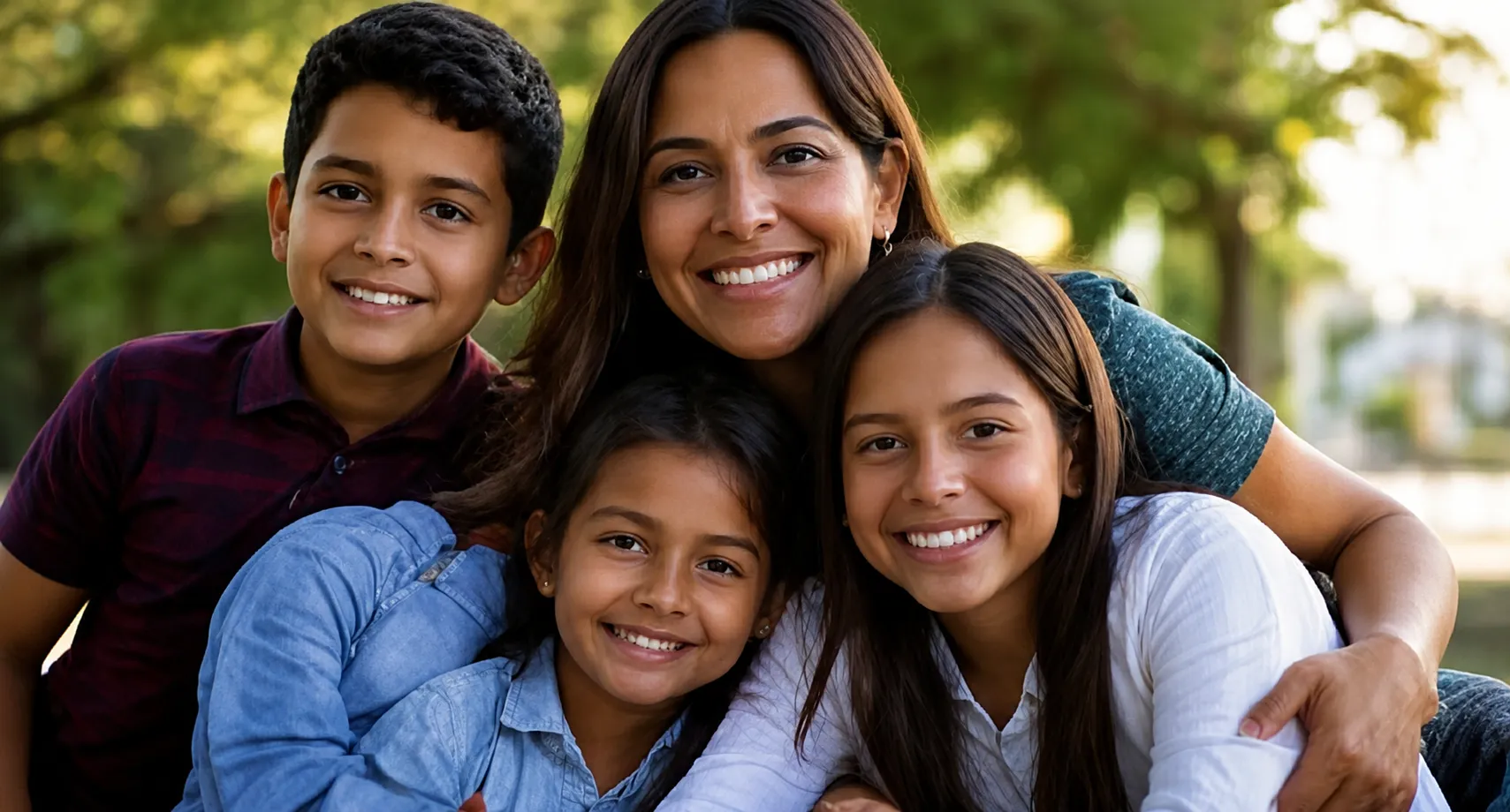 Smiling family of four posing together outdoors in a park with green trees in the background (mother with two daughters and a son).