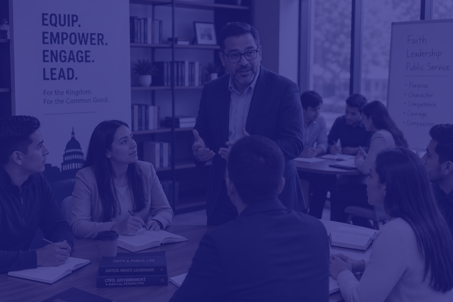 Man in suit leads a discussion with a diverse group around a table; banners read 'Equip. Empower. Engage. Lead.'