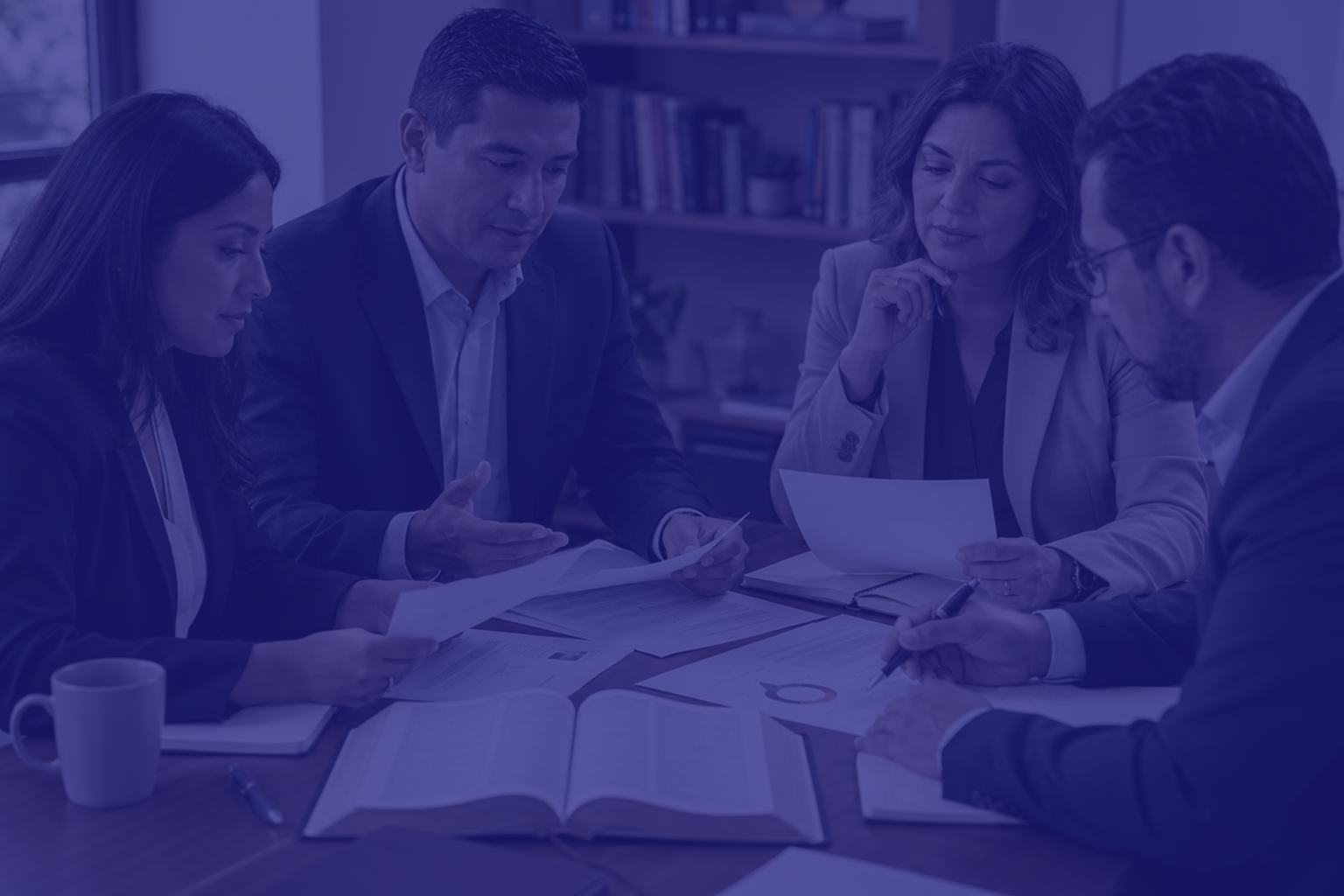 Four professionals in a business meeting around a table reviewing documents and notes.