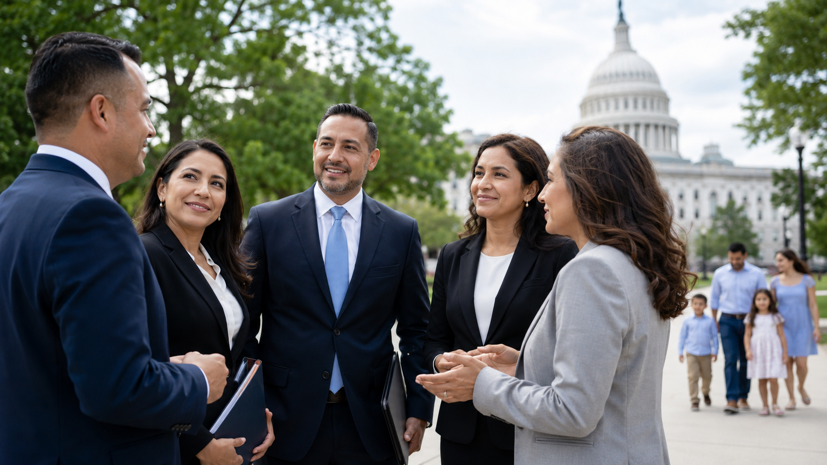 Group of diverse professionals in business attire converse outdoors near the Capitol building, holding folders and smiling.(