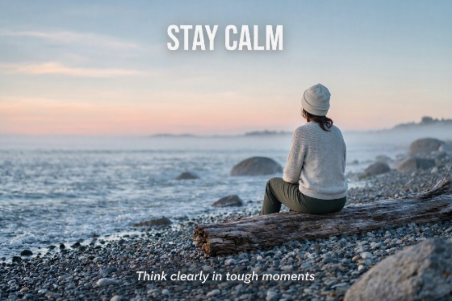 Person sitting on a log on a pebbled beach at sunrise, with the motivational text 'STAY CALM' and 'Think clearly in tough moments'