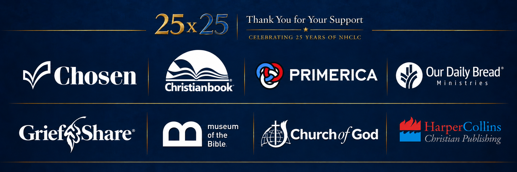 Celebration banner with the 25x25 logo and eight partner logos on a dark blue background.