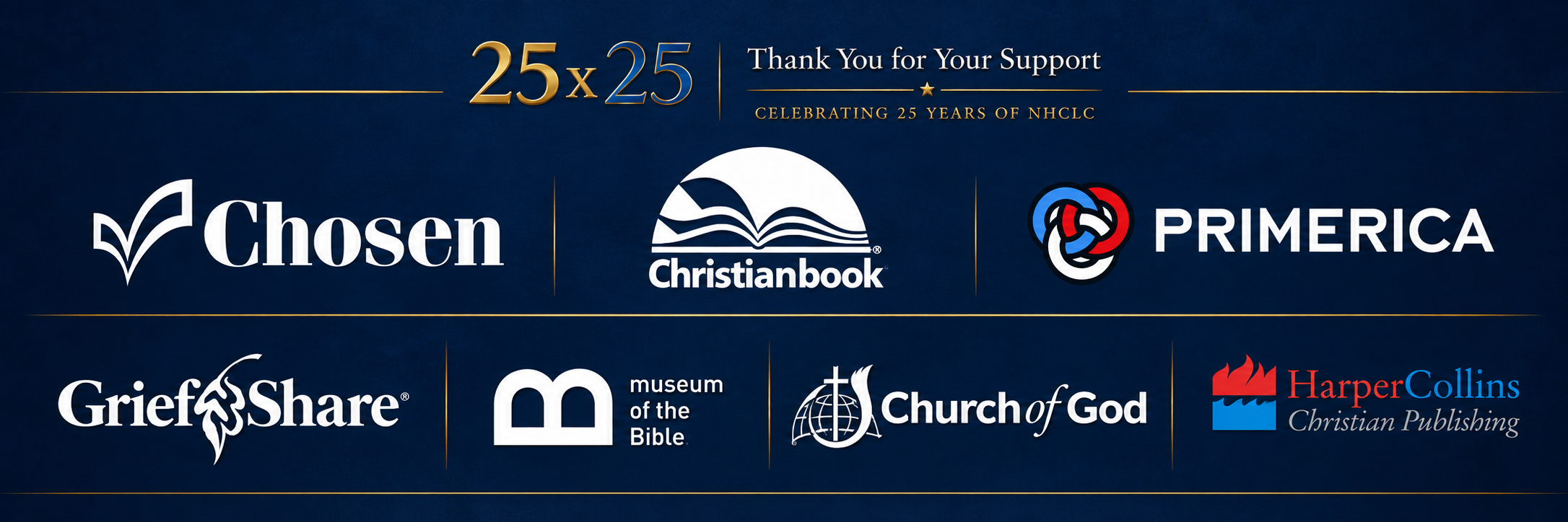 Banner of sponsors/logos: Chosen, Christianbook, Primerica, GriefShare, Museum of the Bible, Church of God, and HarperCollins Christian Publishing