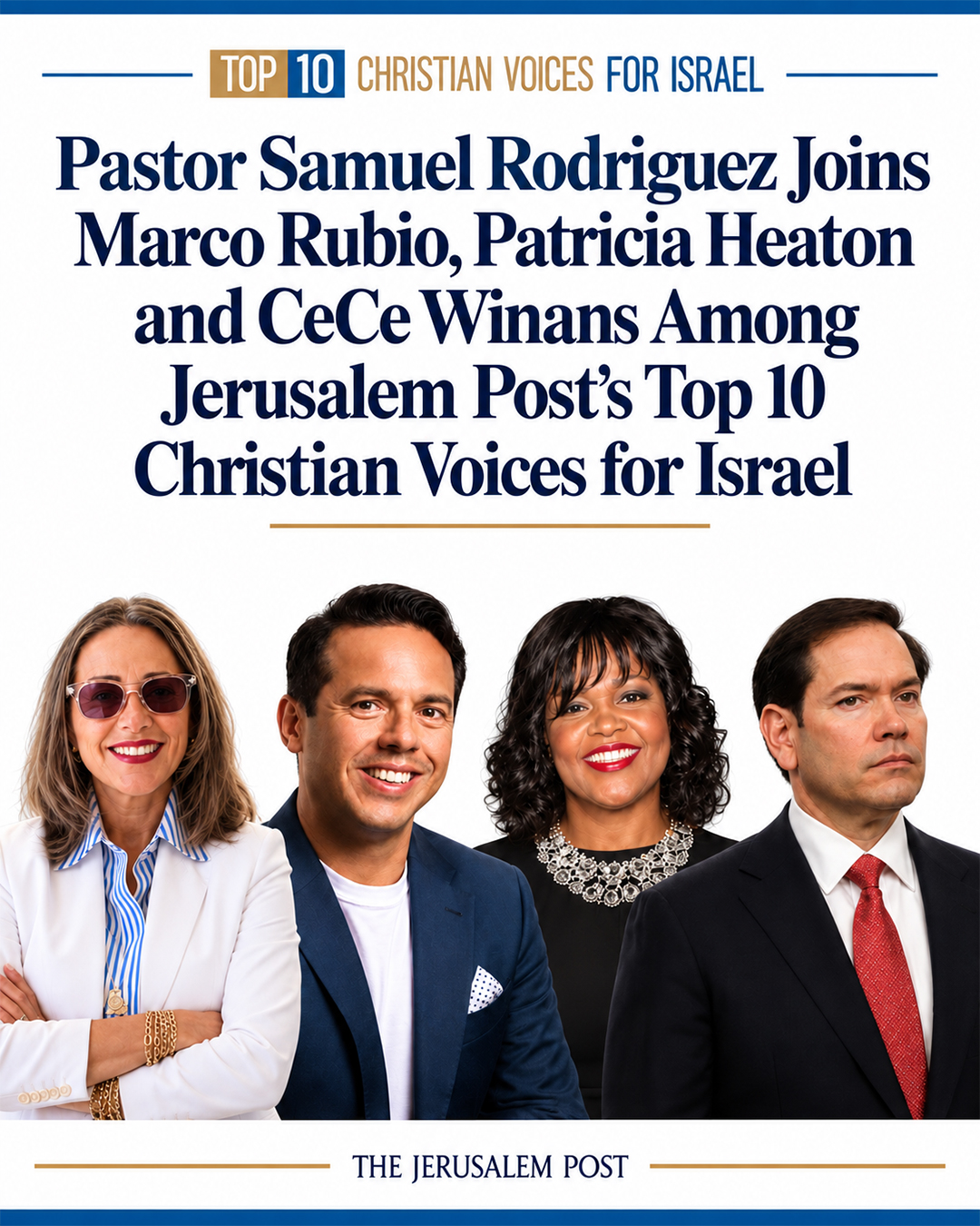 Cover image reading 'Top 10 Christian Voices for Israel' with four smiling adults in business attire; The Jerusalem Post at the bottom.