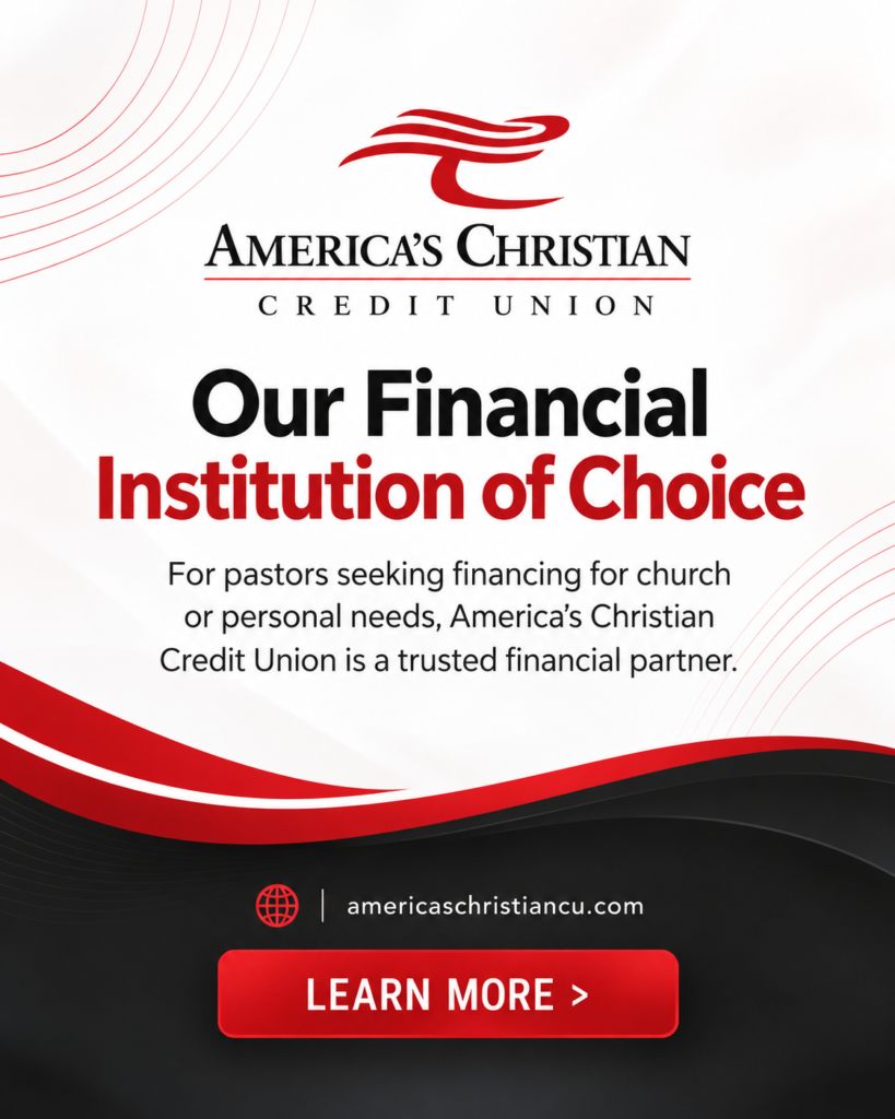 Ad for America's Christian Credit Union featuring bold headline 'Our Financial Institution of Choice' with a red-and-black wave design and a red 'LEARN MORE' button