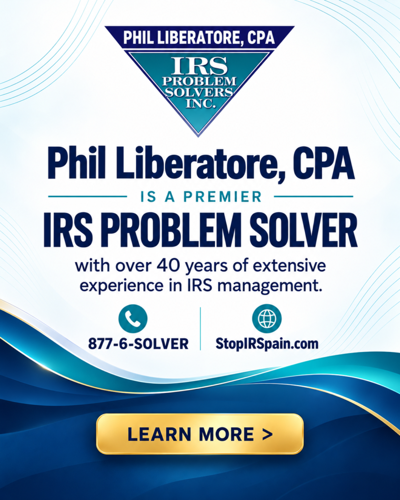 Banner advertising Phil Liberatore, CPA as an IRS problem solver with contact options and a Learn More button.