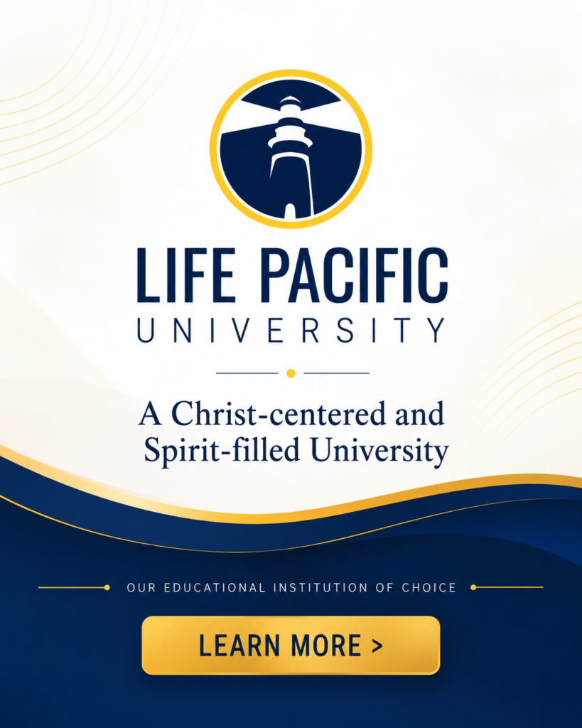 Life Pacific University promotional poster with a circular navy and gold lighthouse logo and the slogan 'A Christ-centered and Spirit-filled University.'