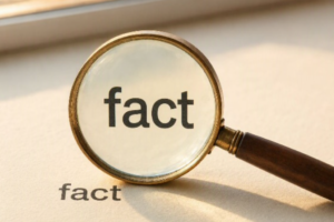 Magnifying glass highlighting the word 'fact' on paper, with another 'fact' printed nearby to symbolize fact-checking.