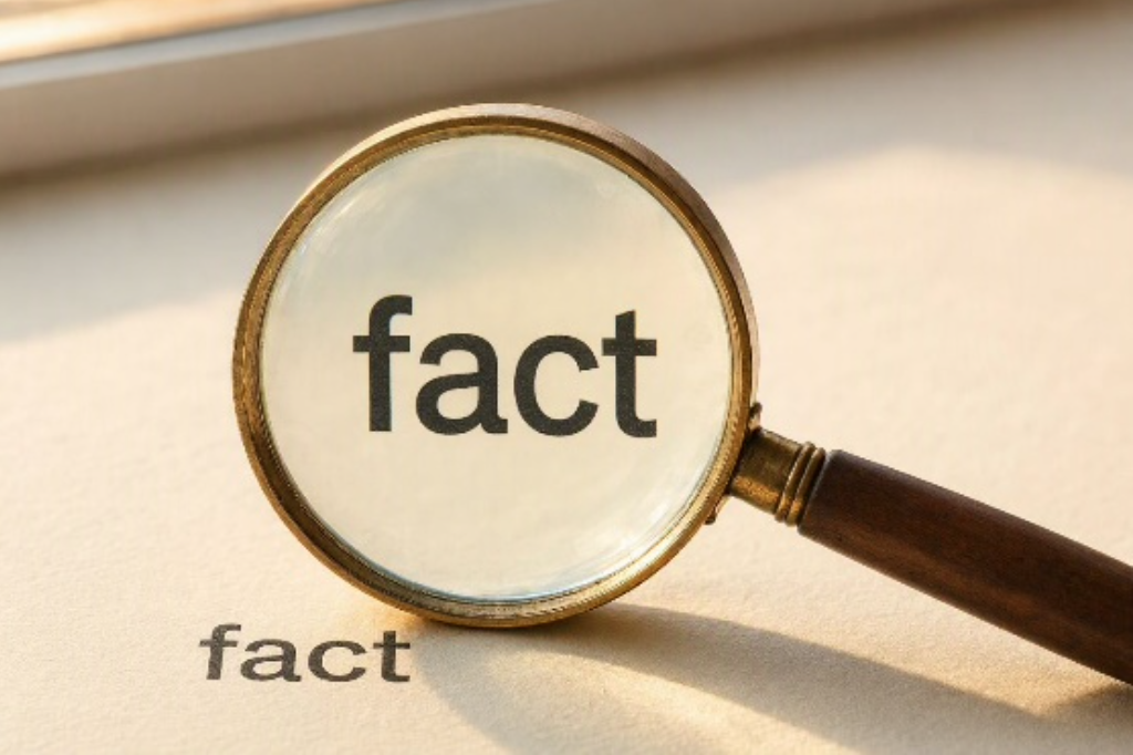Magnifying glass highlighting the word 'fact' on paper, with another 'fact' printed nearby to symbolize fact-checking.