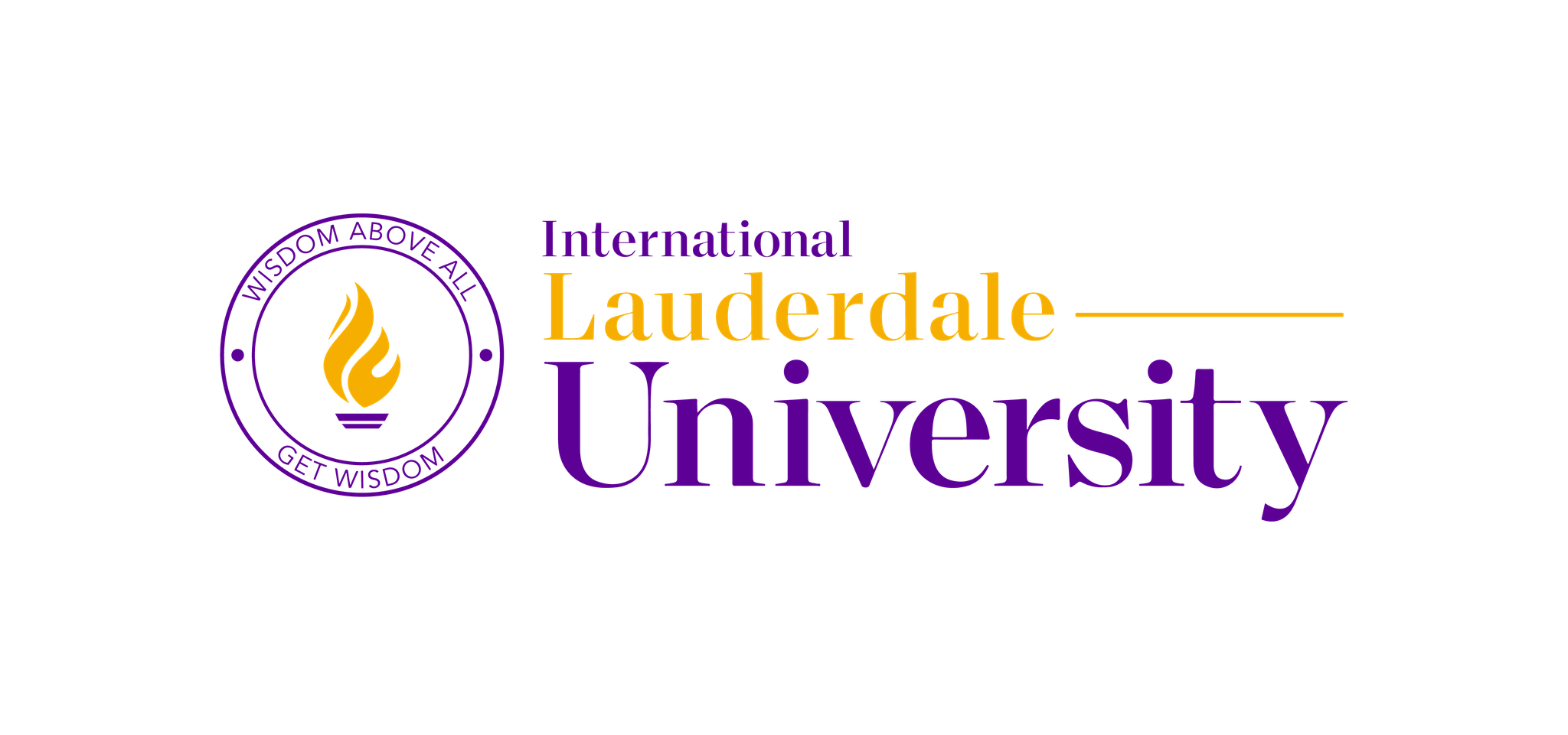 Lauderdale University logo: circular seal with a gold torch, purple border text, and 'International Lauderdale University' in purple and gold lettering.