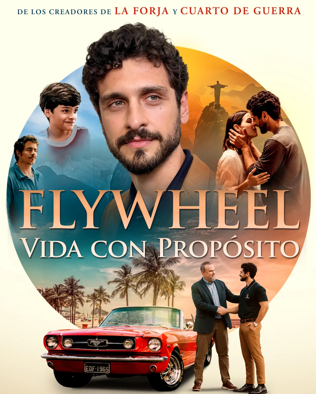 Poster for 'Fly Wheel: Vida con Propósito' featuring a man's portrait in the foreground, with a red vintage car, palm trees, and a couple kissing in the background.