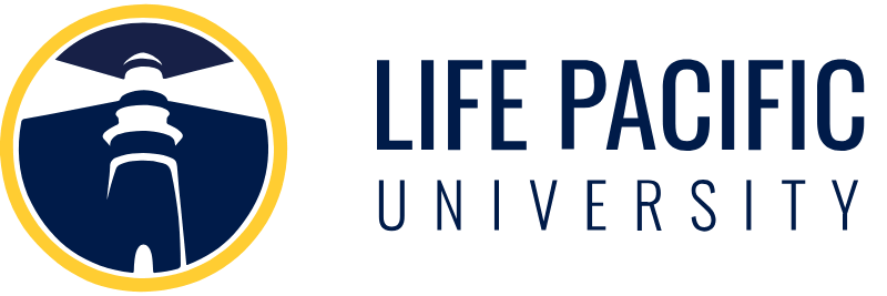 Life Pacific University logo with a lighthouse emblem inside a yellow circle on the left and the bold university name to the right.